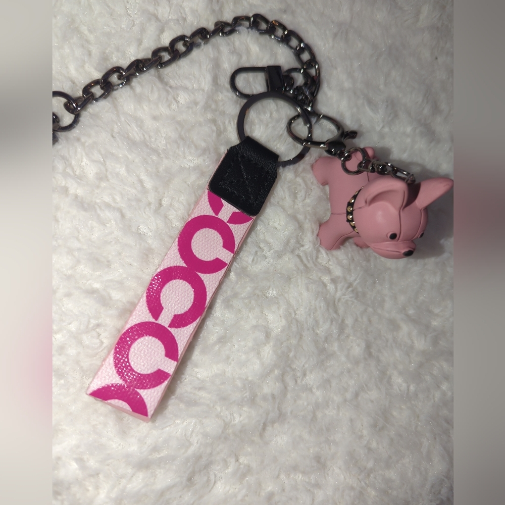 Coach Upcycled Pink French Bulldog Keychain Pink Logo Wrist Strap Chain Extender - Picture 2 of 4